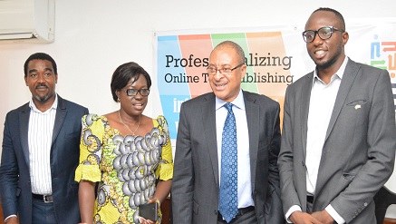 (L-r): Chinwike Ezebube, head of Legal and Admin, Idy Imiyoho, deputy director, National Office for technology Acquisition and Promotion (NOTAP), Professor Pat Utomi, founder, Centre for Values in Leadership (CVL) and chairman of the occasion and Chukwuemeka Fred Agbata (CFA), vice president PATCH, at the official launching and maiden media briefing of the Pan African Association of Online Technology Publishers held in Lagos on Thursday.